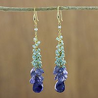 Gold plated apatite and tanzanite dangle earrings,