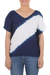 Tie-dyed cotton blouse, 'Soar' - Indigo Diagonal Stripe Tie-Dye Short Sleeve Cotton Blouse (image 2c) thumbail