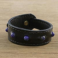 Lapis lazuli and leather beaded wristband bracelet, 'Mind's Eye' - Lapis Lazuli and Leather Beaded Wristband Bracelet
