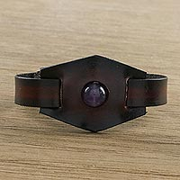 Amethyst and leather pendant bracelet, 'Amethyst Focus' - Amethyst and Leather Wristband Bracelet from Thailand