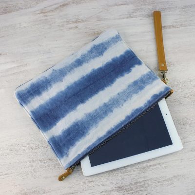 Leather accented tie-dyed cotton clutch, Sky Stripes