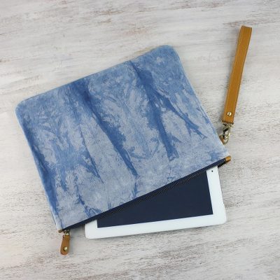 Leather accent tie-dyed cotton clutch, Blue Trees