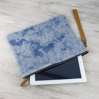 Leather accent tie-dyed cotton clutch, Blooming Blue