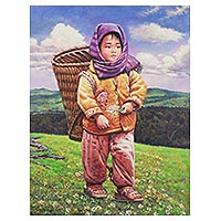By Thai artist Surapol, this piece depicts a Thai child against the lush beauty of the countryside. The young girl wears warm clothing, a purple scarf wrapped around her head with a basket on her back and little flowers clutched in her hand. Says Surapol, "I want to present the life of hill tribe kids on the hills. Her cuteness and beautiful nature can make the viewer feel happy."