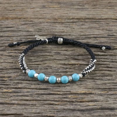 Silver beaded bracelet, 'Arctic Cross' - Silver and Recon Turquoise Beaded Bracelet from Thailand