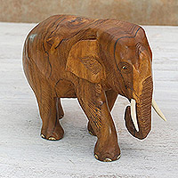 Teak wood sculpture, 'Go For a Walk' (right) - Teak Wood Sculpture of a Right-Facing Elephant from Thailand