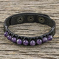 Amethyst and leather wristband bracelet, 'Rock Walk' - Amethyst and Leather Wrtistband Bracelet from Thailand