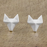 Sterling silver stud earrings, 'Fox Lover' - Geometric Fox Sterling Silver Stud Earrings from Thailand