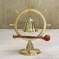 Brass bell, 'On Nautical Time' - Brass Nautical Ship Wheel Bell with Rain Tree Wood Stick