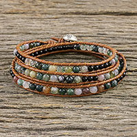 Agate and onyx beaded wrap bracelet, 'Sunset Fields' - Moss Agate and Onyx Beaded Leather Cord Wrap Bracelet