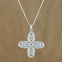 Sterling silver pendant necklace, 'Twining Cross' - Interconnected Loop Cross Sterling Silver Pendant Necklace