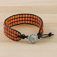 Carnelian beaded wristband bracelet, 'Apricots' - Carnelian Bead and Karen Silver Button Wristband Bracelet