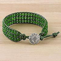 Quartz beaded wristband bracelet, 'Verdant Field' - Green Quartz and Karen Silver Button Wristband Bracelet