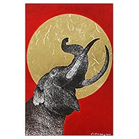 'Be Glad II' - Signed Painting of an Elephant with a Golden Sun