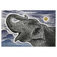 'Happy Under The Moonlight' - Signed Painting of an Elephant and Landscape from Thailand