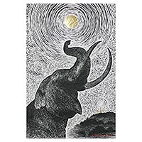 'Under the Moon and Star' - Signed Painting of an Elephant and Moon from Thaialnd