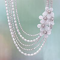 Cultured pearl and rose quartz beaded strand necklace,