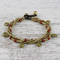 Jasper and Brass Beaded Charm Bracelet from Thailand,'Delightful Spirals'