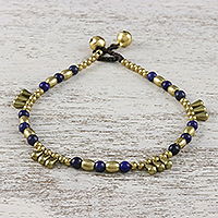 Lapis lazuli beaded anklet, 'Musical Wanderer' - Lapis Lazuli and Brass Beaded Anklet from Thailand