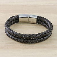 Men's leather braided wristband bracelet, 'Strong Friends in Brown' - Men's Leather Wristband Bracelet in Brown from Thailand