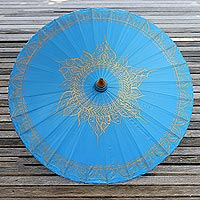 Saa paper parasol, 'Motifs on Blue' - Saa Paper Parasol in Blue with Gold Accents from Thailand