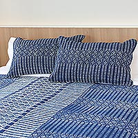 Batik cotton pillow shams, 'Indigo Happiness' (pair) - 2 Geometric Motif Batik Cotton Pillow Shams from Thailand