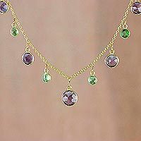 Gold plated amethyst and peridot waterfall necklace,