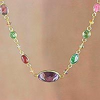 Gold plated multi-gemstone pendant necklace,