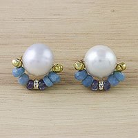 Gold plated multi-gemstone button earrings,