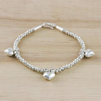 Silver beaded charm bracelet, Triple Hearts