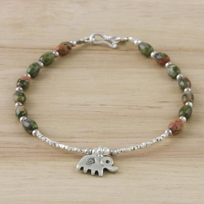 Unakite beaded charm bracelet, Elephant Forest