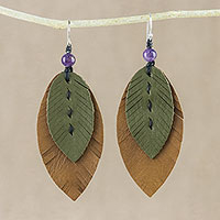 Amethyst and leather dangle earrings, 'Happy Leaves' - Amethyst and Leather Leaf Dangle Earrings from Thailand