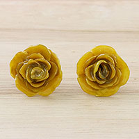 Natural flower button earrings, 'Petite Rose in Yellow' - Resin Dipped Yellow Real Miniature Rose Button Earrings