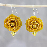 Natural flower dangle earrings, 'Captured Beauty in Yellow' - Resin Dipped Yellow Real Miniature Rose Dangle Earrings