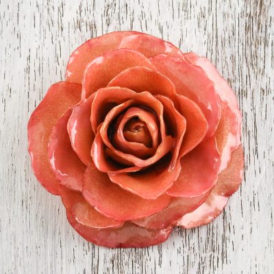 Natural rose brooch, 'Rosy Mood in Coral' - Artisan Crafted Natural Rose Brooch Pin in Coral