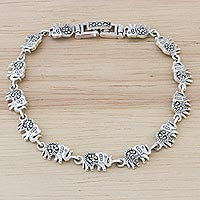 Marcasite and sterling silver link bracelet, 'Marching Elephants' - Marcasite and Sterling Silver Elephant Link Bracelet