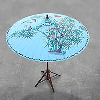 Cotton and bamboo parasol, 'Play With Friends' - Crane-Themed Cotton and Bamboo Parasol in Cerulean