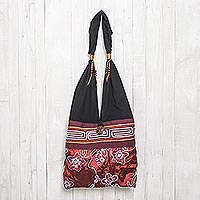 Cotton shoulder bag, 'Glittering Red Flower' - Black and Red Cotton with Floral Pattern Shoulder Bag