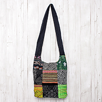 Cotton sling, 'Hmong Culture' - Thai Hill Tribe Cotton Sling Tote Bag with Patchwork Design