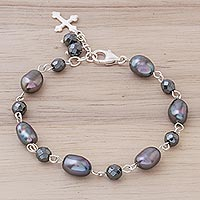 Cultured pearl link bracelet, 'Cross of the Ocean' - Cultured Pearl Cross Link Bracelet from Thailand