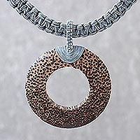 Wood and leather pendant necklace, 'Earth Ring in Grey' - Handcrafted Coconut Wood and Leather Cord Pendant Necklace