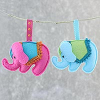 Felt ornaments, 'Delightful Elephants' (pair) - Felt Elephant Ornaments in Fuchsia and Blue (Pair)