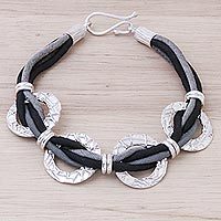 Sterling silver and silk pendant bracelet,