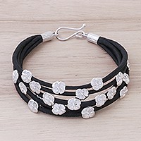 Sterling silver and silk wristband bracelet,
