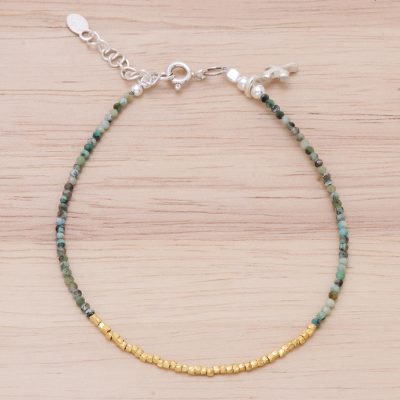 Gold accent silver beaded bracelet, 'Gilded Sea' - 14K Gold-Plated Karen Silver Beaded Cross Charm Bracelet