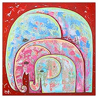 'Together' - Signed Naif Painting of an Elephant Family from Thailand