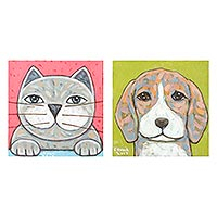 Diptych, 'Best Friend' - Signed Naif Diptych of a Cat and a Dog from Thailand