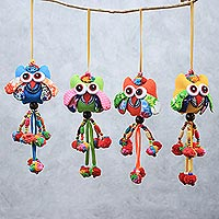 Cotton ornaments, 'Owl Color' (set of 4) - Colorful Cotton Owl Ornaments from Thailand (Set of 4)