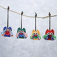 Cotton ornaments, 'Lovely Owls' (set of 4) - Assorted Cotton Owl Ornaments from Thailand (Set of 4)