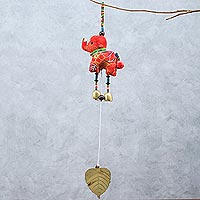 Cotton mobile, 'Elephant Dance in Red' - Elephant-Themed Cotton Mobile in Red from Thailand